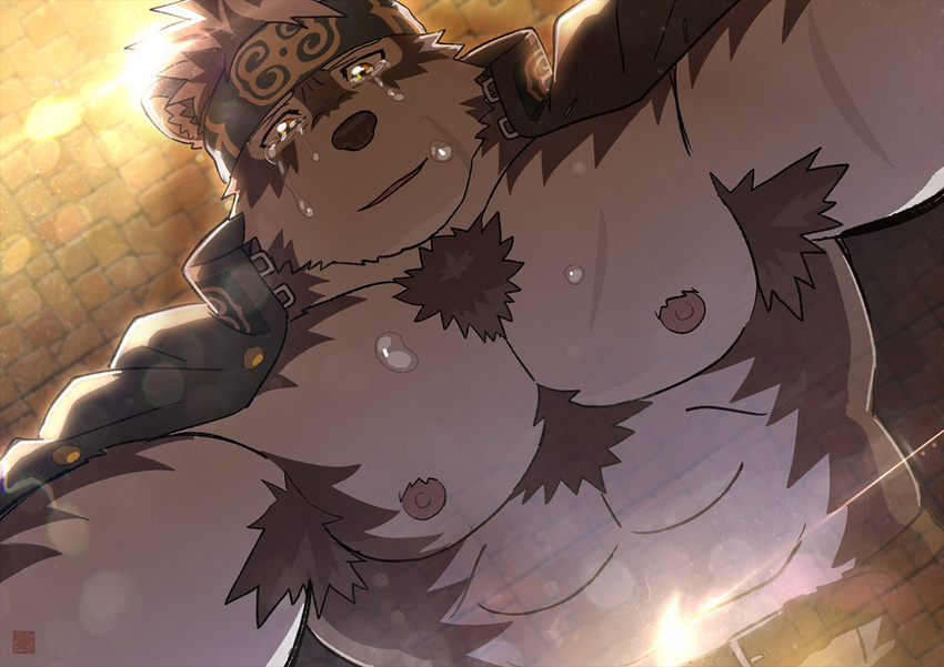 2017 abs anthro armpits biceps big_muscles black_nose canine digital_media_(artwork) fur headband horkeukamui male mammal multicolored_fur muscular muscular_male nipples pecs rossciaco simple_background solo tokyo_afterschool_summoners video_games white_fur wolf