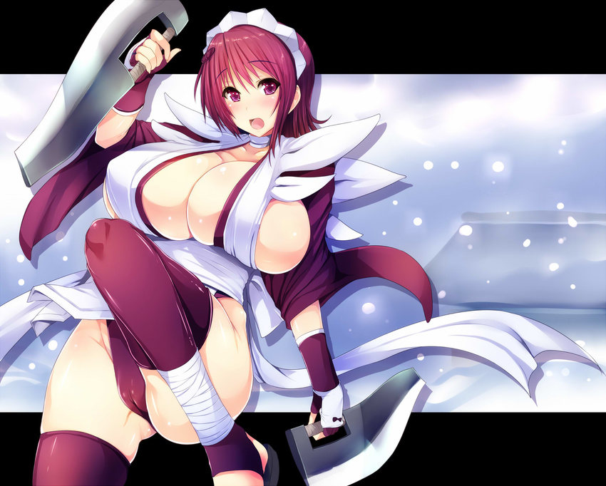 alternate_eye_color alternate_hair_color bangs black_gloves black_panties blush breasts cameltoe choker cleavage dual_wielding fingerless_gloves gloves goban groin hair_ornament highres holding holding_weapon huge_breasts iroha_(samurai_spirits) japanese_clothes leg_up long_sleeves looking_at_viewer maid maid_headdress obi open_mouth panties purple_eyes purple_hair purple_legwear samurai_spirits sandals sash short_hair sideboob solo thighhighs underwear weapon white_background wide_sleeves