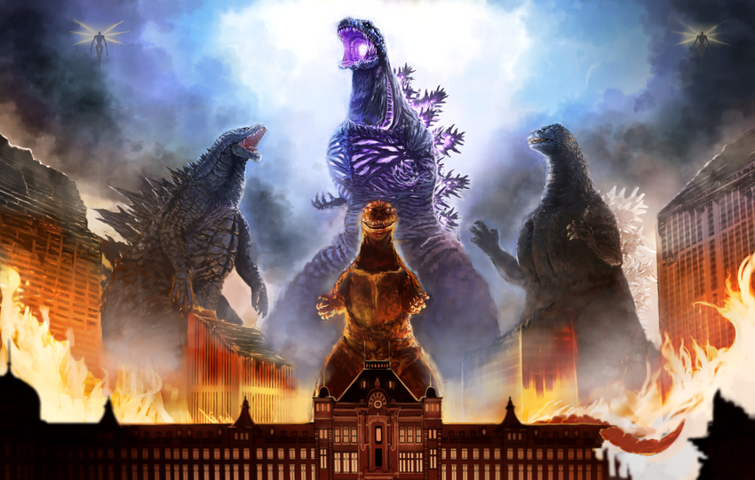 city claws cloud cloudy_sky fire giant glowing glowing_mouth godzilla godzilla_(2014) godzilla_(series) height_difference highres kaijuu kaze_no_tani_no_nausicaa kyoshinhei looking_at_another looking_at_viewer monster no_humans open_mouth outdoors sharp_teeth shin_godzilla sky suttoko teeth