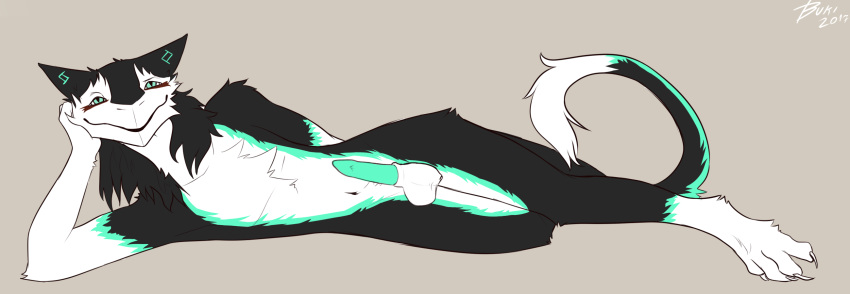 2017 4_toes anthro balls black_fur bukibag claws countershade_face countershade_torso countershading diesis_schmitt digital_media_(artwork) erection fur green_eyes green_fur hi_res looking_at_viewer lying male markings multicolored_fur nude on_side penis sergal simple_background slim smile solo toe_claws toes white_belly white_countershading white_fur