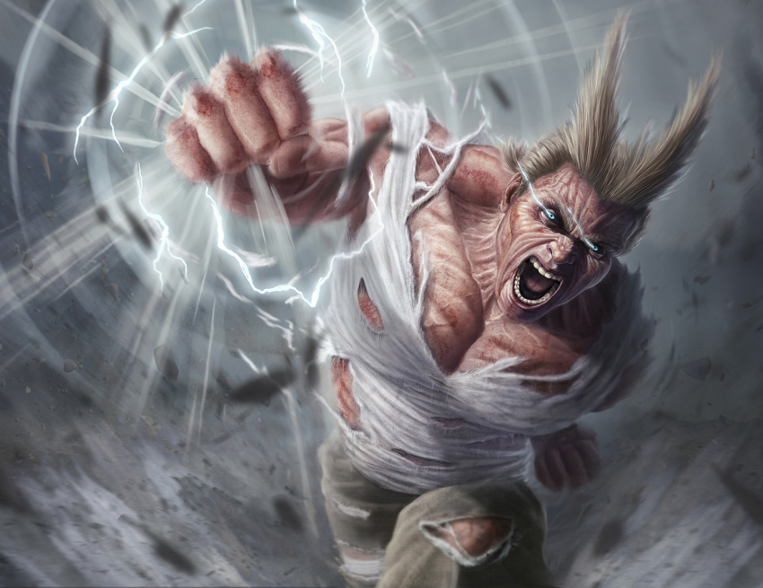 1boy all_might blonde_hair blue_eyes boku_no_hero_academia clenched_hand green_pants grey_background looking_at_viewer male_focus manip muscle pants punching punching_at_viewer realistic running screaming solo torn_clothes