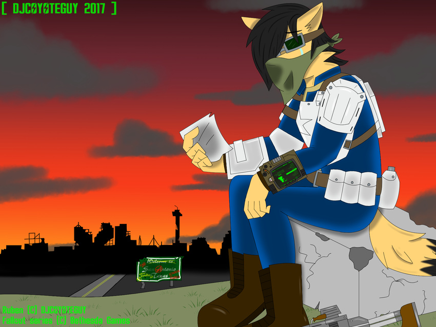 anthro armor bandanna canine city coyote crying djcoyoteguy eyewear fallout gun mammal outside post-apocalyptic ranged_weapon rifle ruben_(djcoyoteguy) ruins sad skintight_suit sunset tears video_games weapon