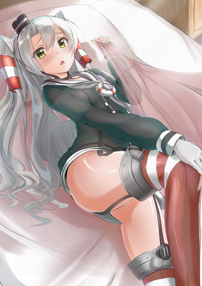 1girl absurdres amatsukaze_(kantai_collection) bangs bed bed_sheet blanket blush dress garter_straps gloves hair_ornament hair_tubes hand_on_own_knee hat highres holding holding_blanket indoors kantai_collection kotoba_suzu lifebuoy long_hair long_sleeves looking_at_viewer lying mini_hat open_mouth pillow red_legwear sailor_dress see-through short_dress silver_hair single_glove smokestack solo striped striped_legwear thighhighs thighs two_side_up white_gloves windsock