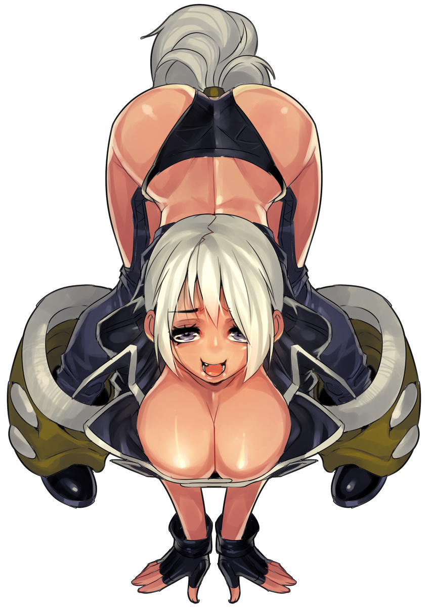 absurdres all_fours anal anal_object_insertion anal_tail angel_(kof) ass breasts butt_plug chaps cleavage fake_tail fengmo fingerless_gloves gloves highres large_breasts looking_at_viewer object_insertion short_hair silver_eyes simple_background smile snk solo tail the_king_of_fighters white_background white_hair
