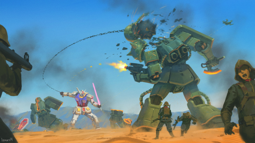 4boys absurdres aiming aircraft artist_name assault_rifle asymmetrical_dual_wielding axe ball_and_chain_(weapon) battle blue_sky combat_helmet commentary day debris desert diffraction_spikes dopp dual_wielding energy_sword english_commentary firing green_jacket green_pants gun gundam heat_hawk helmet highres holding holding_axe holding_gun holding_sword holding_weapon icemarv14 jacket mecha_focus military_combat_uniform mobile_suit mobile_suit_gundam mountainous_horizon multiple_boys open_mouth outdoors pants rifle rocket_launcher rpg_(weapon) running rx-78-2 sand science_fiction shield sky smoke soldier sparks standing sword v-fin weapon wreckage zaku_ii zeon