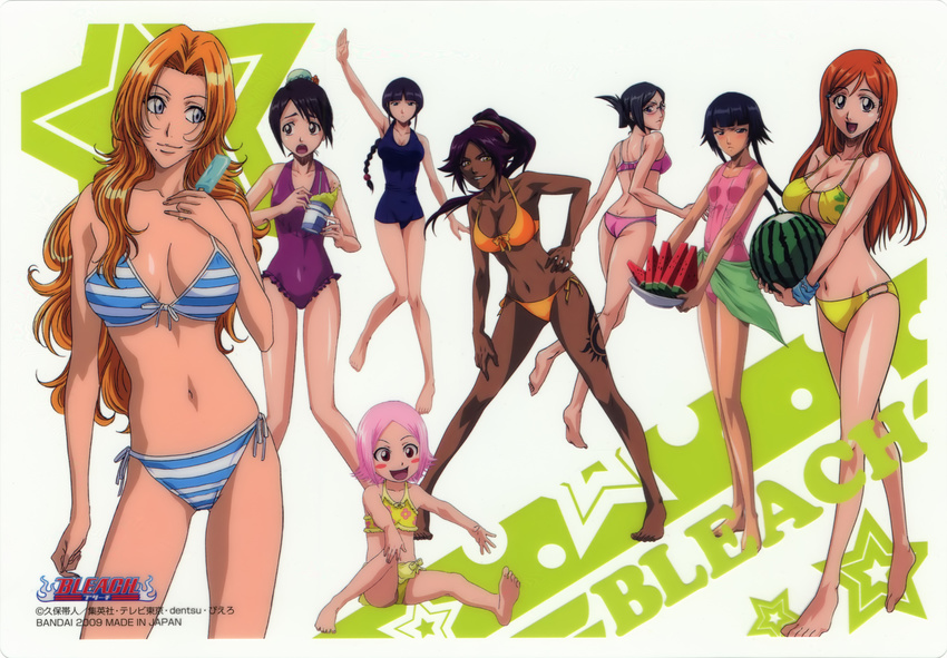 absurdres artist_request barefoot bikini bleach braid breasts cleavage_cutout food front-tie_top fruit highres hinamori_momo inoue_orihime ise_nanao kurotsuchi_nemu kusajishi_yachiru large_breasts legs lips matsumoto_rangiku medium_breasts midriff mole mole_under_mouth multiple_girls navel official_art ponytail shihouin_yoruichi side-tie_bikini soles sui-feng swimsuit toes watermelon