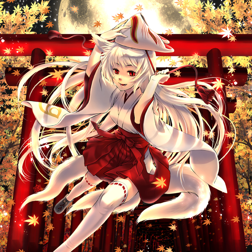 adapted_uniform animal_ears autumn autumn_leaves fox_ears fox_mask full_moon hakama hakama_skirt highres inari japanese_clothes leaf long_hair mask miko moon multiple_tails multiple_torii original red_eyes red_hakama shijuu_hachi slit_pupils solo tail thighhighs torii very_long_hair white_hair white_legwear youkai