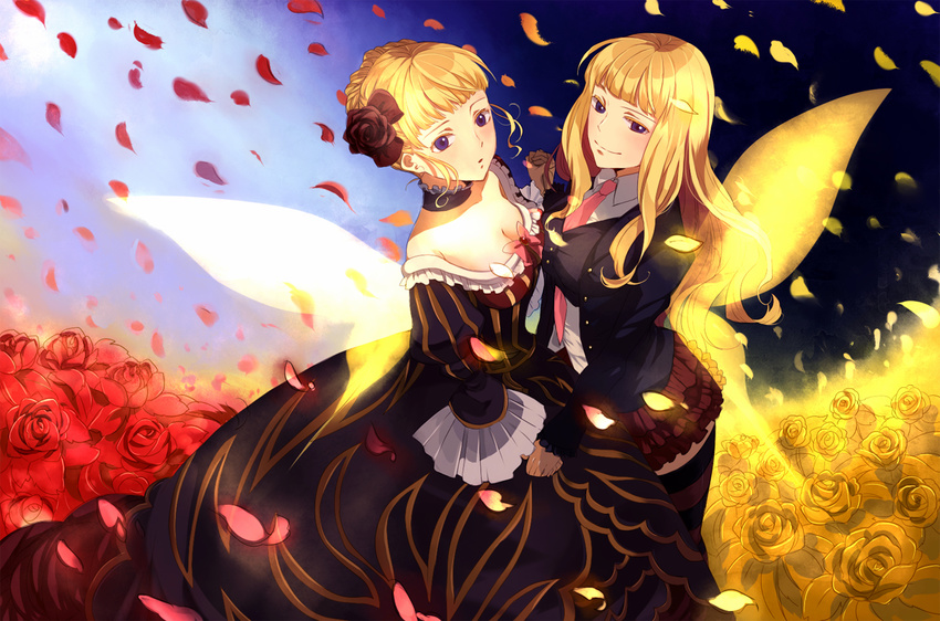 beatrice blonde_hair bow breasts bug butterfly cleavage dress dual_persona flower holding_hands insect medium_breasts multiple_girls nanamura necktie petals pink_bow pink_neckwear skirt thighhighs umineko_no_naku_koro_ni wings