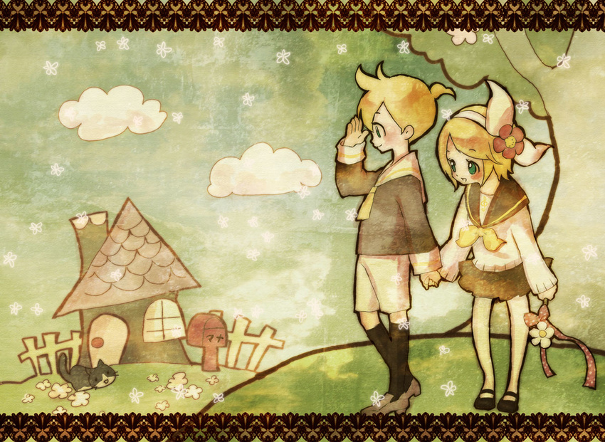 1girl blonde_hair brother_and_sister cat holding_hands kagamine_len kagamine_rin siblings twins vocaloid yuhka