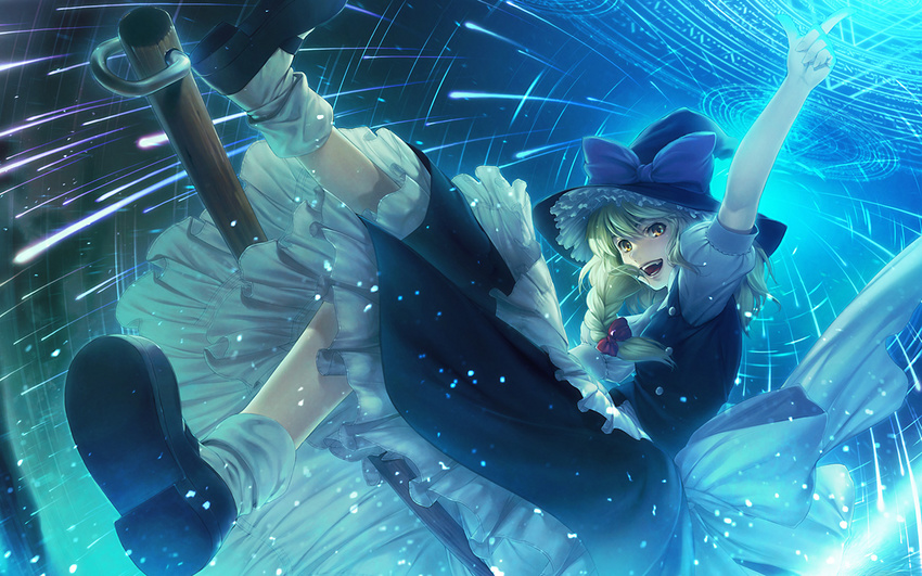 blonde_hair braid broom broom_riding danmaku hair_ribbon hat highres kirisame_marisa magic_circle non-web_source orange_eyes resizing_artifacts ribbon shoes simosi socks solo touhou wallpaper