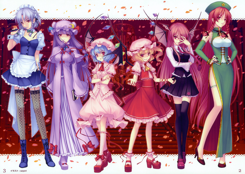 absurdres bat_wings black_legwear black_nails blonde_hair blue_hair boots braid china_dress chinese_clothes crescent dress fingernails flandre_scarlet framed_breasts garter_straps garters hat head_wings high_heels highres hong_meiling izayoi_sakuya knife koakuma legs long_fingernails long_hair maid maid_headdress miniskirt multiple_girls nail_polish patchouli_knowledge pink_nails pleated_skirt ponytail purple_hair purple_nails red_eyes red_hair red_nails remilia_scarlet sayori shoes short_hair siblings side_ponytail silver_hair sisters skirt slit_pupils the_embodiment_of_scarlet_devil thighhighs touhou twin_braids wings wrist_cuffs zettai_ryouiki