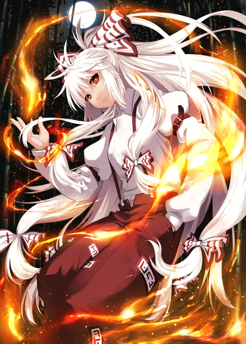 &gt;:( arm_garter bamboo bamboo_forest bow breasts closed_mouth collared_shirt commentary_request cowboy_shot fire forest frown fujiwara_no_mokou full_moon hair_bow hand_in_pocket highres juliet_sleeves long_hair long_sleeves looking_at_viewer medium_breasts moon nature night ofuda_on_clothes ouma_tokiichi pants puffy_sleeves red_eyes red_pants serious shirt solo suspenders touhou v-shaped_eyebrows very_long_hair white_hair white_shirt