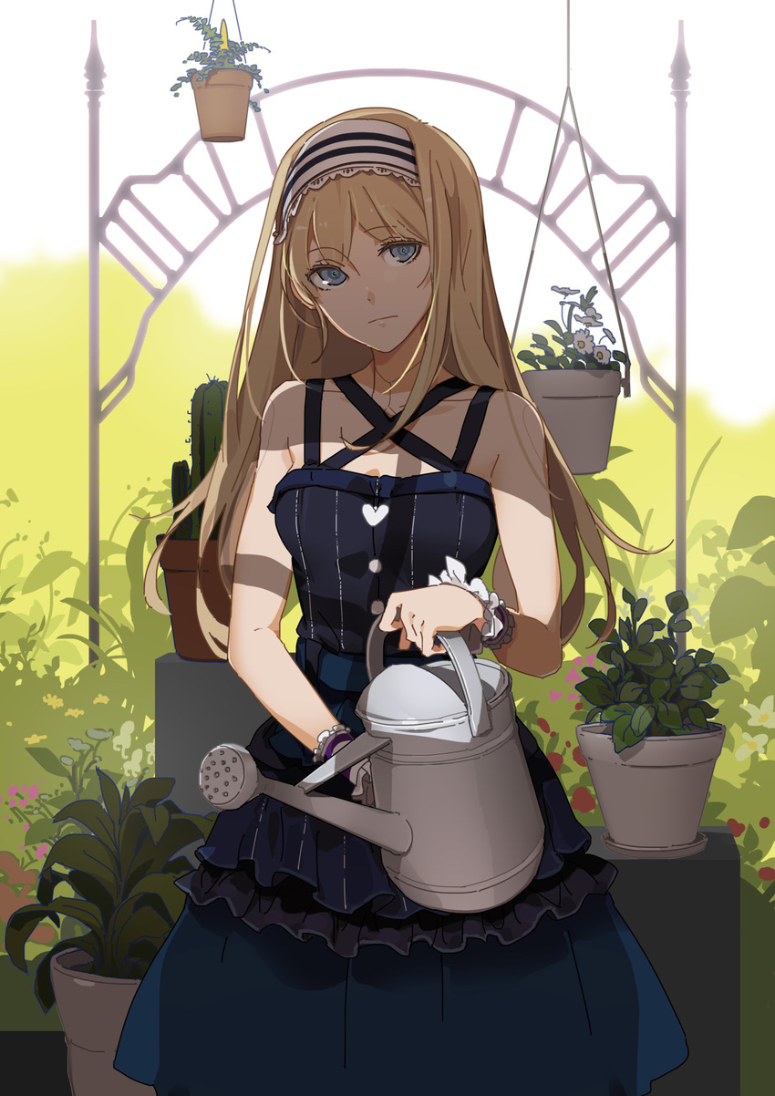 android bare_shoulders black_dress blonde_hair blue_eyes breasts dress highres long_hair looking_at_viewer medium_breasts original plant potted_plant sakura_sora sleeveless sleeveless_dress solo watering_can wristband