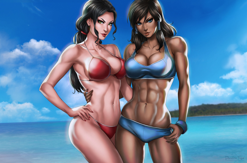 2girls abs armpits artist_name asami_sato avatar:_the_last_airbender avatar_(series) bare_arms bare_shoulders beach bikini black_hair blue_bikini blue_eyes blue_sky breasts brown_hair cleavage closed_mouth coast cowboy_shot dandon_fuga dark_skin day female green_eyes hand_on_another's_back hand_on_hip highres korra large_breasts legs long_hair looking_at_viewer low_ponytail medium_breasts multiple_girls muscle muscular_female nail_polish navel ocean outdoors red_bikini red_lips red_nails sand shiny shiny_skin shore sidelocks sky smile standing stomach strap_gap summer swimsuit the_legend_of_korra thighs toned water watermark web_address wristband