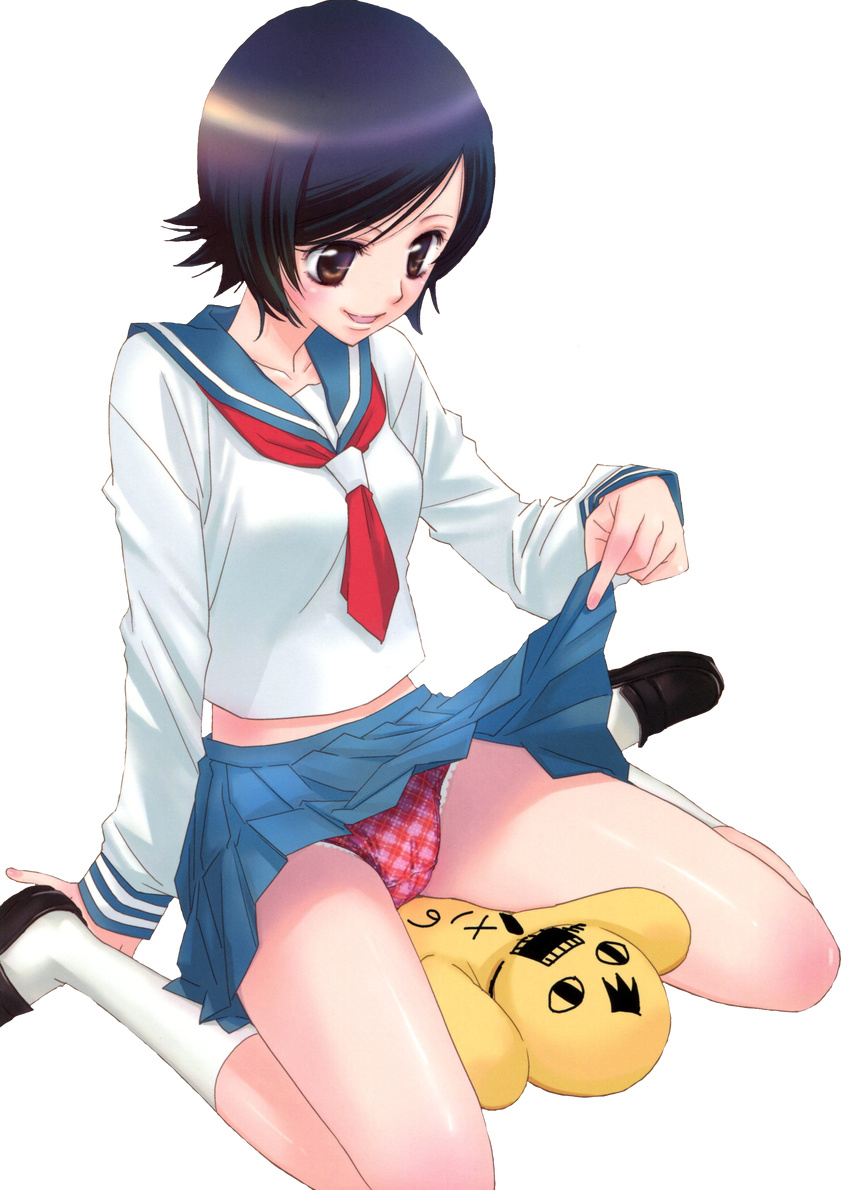 black_hair brown_eyes colored doujinshi hitomaron hitou_nami panties pantyshot red_panties sailor_uniform sayonara_zetsubou_sensei school_uniform serafuku short_hair skirt skirt_lift stuffed_toy tagme tie