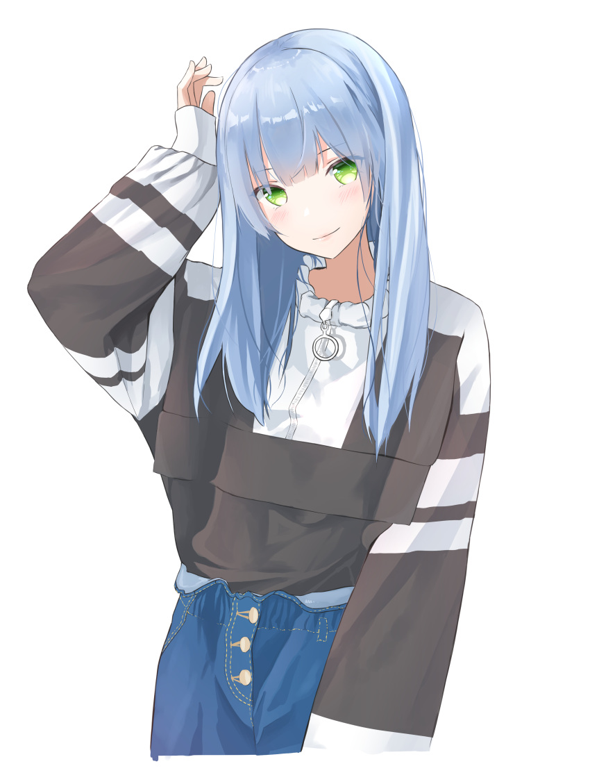 1girl absurdres alternate_costume arm_at_side arm_up bangs blush casual closed_mouth cowboy_shot cropped_legs denim girls_frontline green_eyes highres hk416_(girls_frontline) jeans long_hair long_sleeves looking_at_viewer pants purumi shiny shiny_hair shirt simple_background sleeves_past_wrists smile solo straight_hair white_background zipper_pull_tab