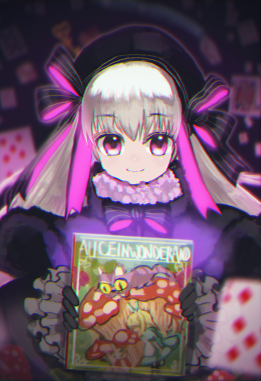 absurdres alice_(wonderland) alice_in_wonderland bangs beret black_bow black_capelet black_gloves black_hat black_neckwear blurry blurry_background book book_focus bow bowtie capelet card cheshire_cat child chromatic_aberration chromatic_aberration_abuse closed_mouth commentary_request depth_of_field english eyebrows_visible_through_hair eyes_visible_through_hair falling_card fate/extra fate_(series) frilled_shirt_collar frilled_sleeves frills fur-trimmed_capelet fur_trim gloves glowing hat hat_bow highres holding holding_book kururi_(9ruri) large_bow long_hair long_sleeves looking_at_viewer mushroom nursery_rhyme_(fate/extra) playing_card purple_bow purple_eyes purple_neckwear smile solo striped striped_bow striped_neckwear white_hair white_rabbit