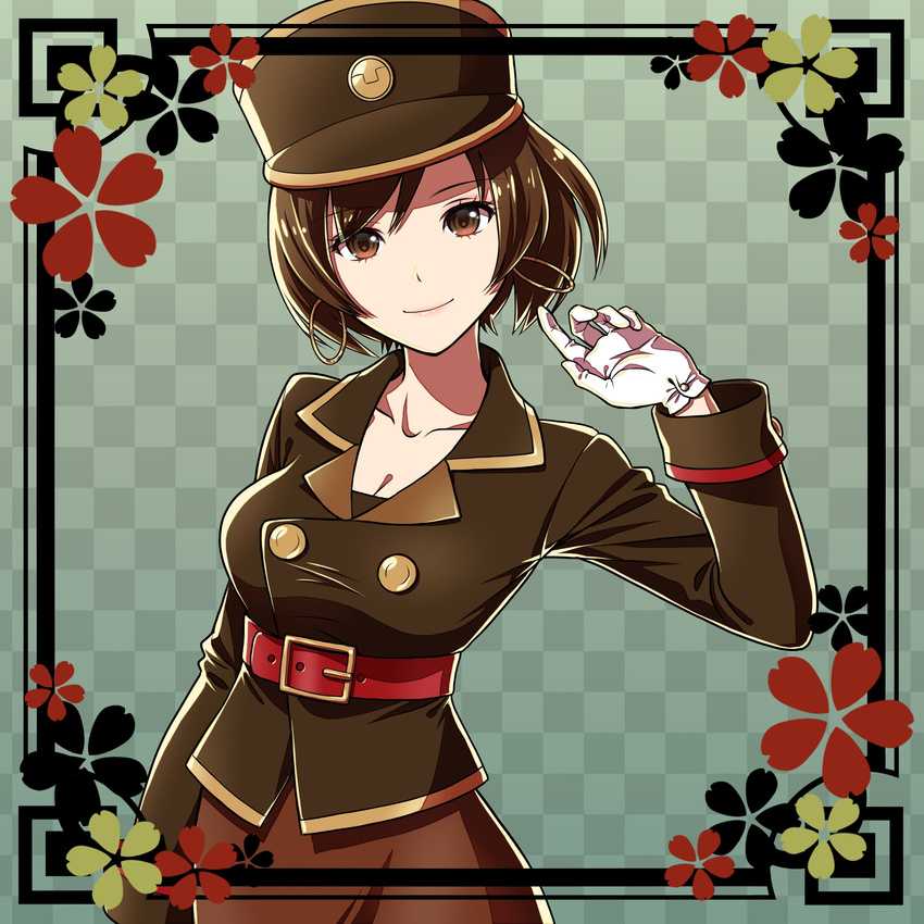 1girl asami_(undoundo) belt breasts brown_eyes brown_hair buttons checkered checkered_background cleavage commentary earrings eyelashes flower framed gloves hat highres hoop_earrings jacket jewelry large_breasts lips long_sleeves looking_at_viewer meiko patterned project_diva_(series) shiny shiny_hair short_hair skirt smile solo uniform vocaloid waistcoat