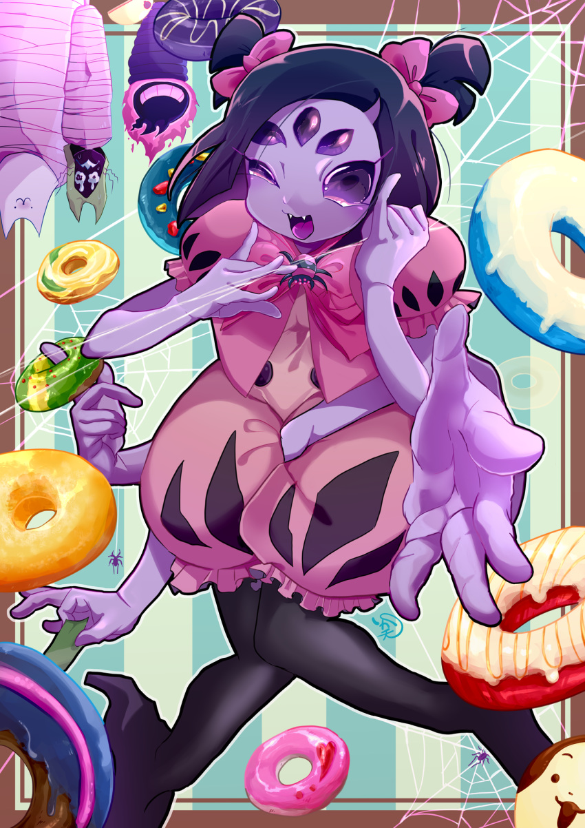 1girl bow breasts doughnut extra_arms extra_eyes fangs food high_heels insect_girl money monster_girl muffet purple_skin ribbon spider_girl tea teapot thighhighs undertale wink