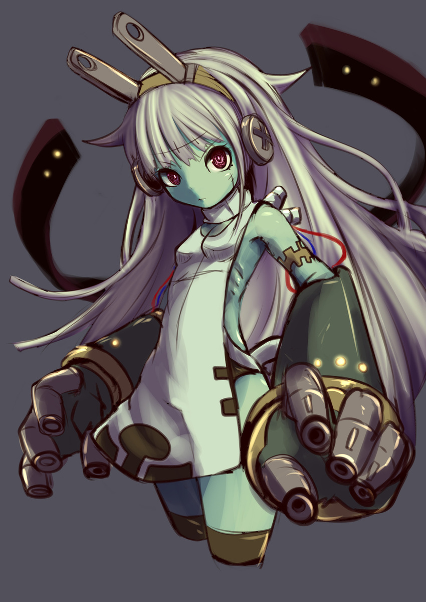 1girl blue_skin bolt cyborg female hairband long_hair monster_girl original oversize_forearms plug red_eyes ribs silver_hair solo tenteco_(covamin) wire