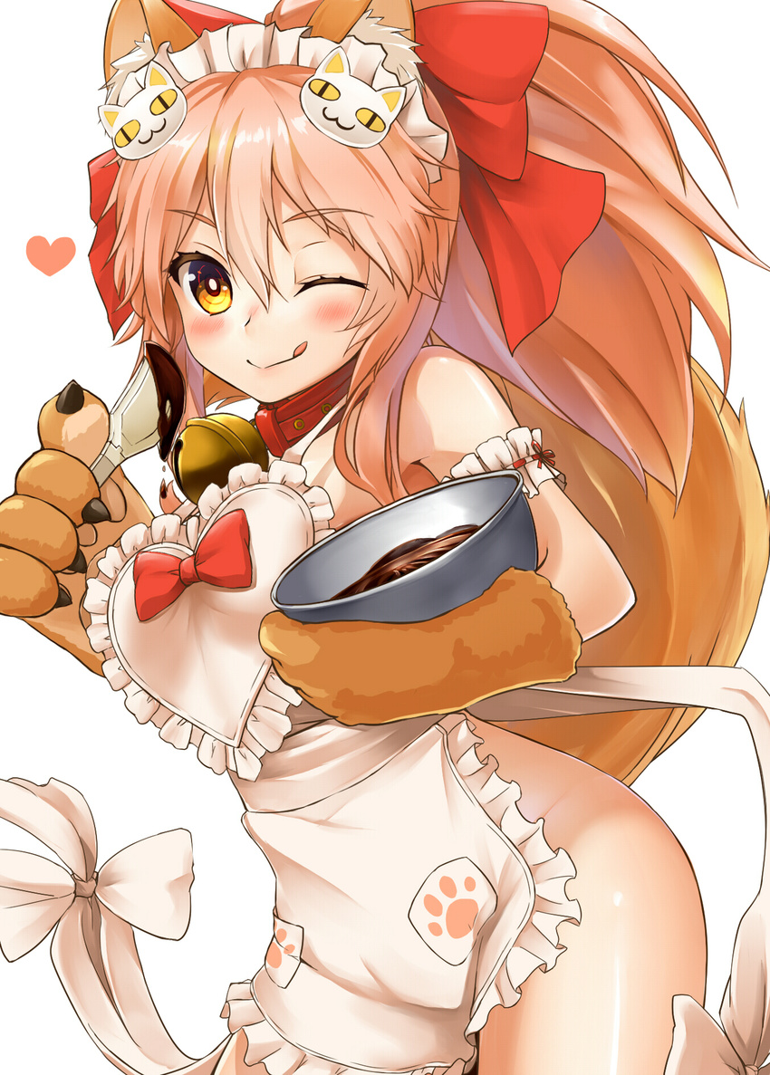 ;q animal_ears apron ass bell bell_collar blush breasts chocolate collar fate/grand_order fate_(series) food fox_ears fox_tail hair_ribbon heart highres large_breasts long_hair looking_at_viewer maid_headdress mixing_bowl naked_apron one_eye_closed paws pink_hair ribbon shiron_(e1na1e2lu2ne3ru3) simple_background smile solo tail tamamo_(fate)_(all) tamamo_cat_(fate) tongue tongue_out white_background yellow_eyes