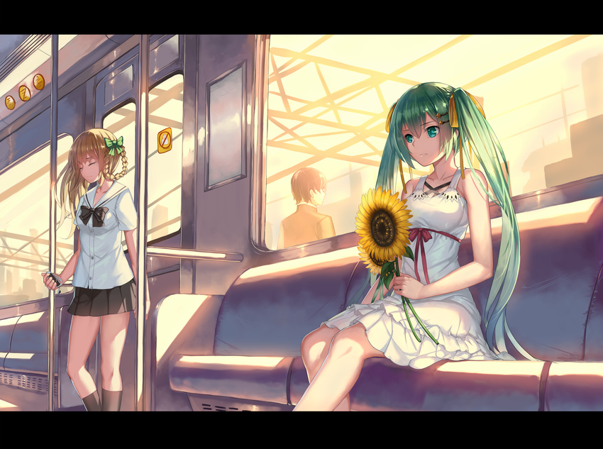 2girls absurdres aqua_eyes aqua_hair blonde_hair dress flower hair_ornament hair_rings hairclip hatsune_miku highres long_hair multiple_girls sarishi_no_hara_(vocaloid) school_uniform sleeveless sunflower tears train_interior twintails very_long_hair vocaloid weiyinji_xsk white_dress