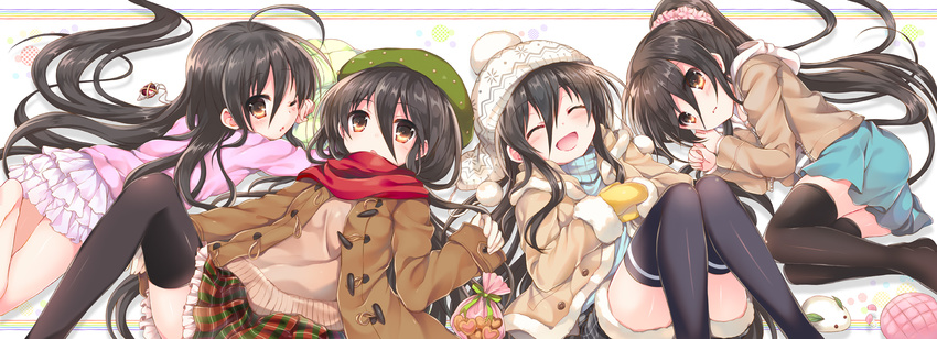 alastor_(shakugan_no_shana) alternate_costume black_hair black_legwear blush brown_eyes closed_eyes closed_mouth cowboy_shot dress hair_between_eyes hat highres jacket long_hair looking_at_viewer lying multiple_girls multiple_persona on_back on_side on_stomach one_eye_closed open_mouth ponytail shakugan_no_shana shana shiny shiny_hair skirt tachitsu_teto thighhighs