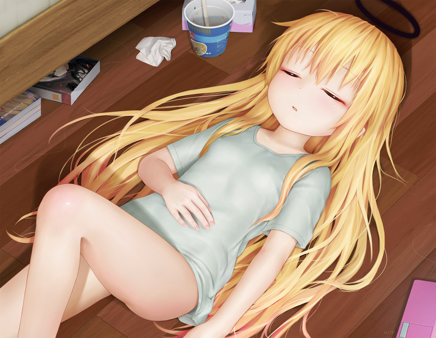 aki99 blonde_hair blush bottomless breasts closed_eyes covered_nipples cup gabriel_dropout hand_on_own_stomach highres indoors long_hair lying nier_(series) nier_automata on_back short_sleeves sleeping small_breasts solo tenma_gabriel_white tissue tissue_box wooden_floor yorha_no._2_type_b
