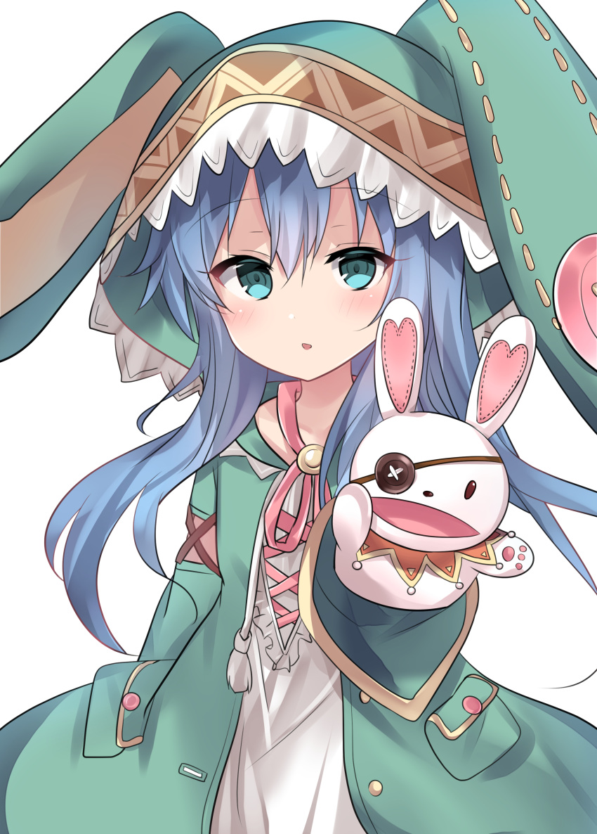 1girl absurdres animal_ears animal_hood aqua_eyes bangs blue_hair blush bunny_ears bunny_hood commentary_request date_a_live drawstring dress eyebrows_visible_through_hair eyepatch green_jacket hair_between_eyes hand_puppet heart highres hood hood_up hooded_jacket jacket long_hair long_sleeves looking_at_viewer natsu_(sinker8c) open_clothes open_jacket parted_lips puppet simple_background solo very_long_hair white_background white_dress wide_sleeves yoshino_(date_a_live) yoshinon