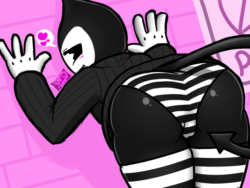 &lt;3 2017 bendy bendy_and_the_ink_machine black_body butt camel_toe clothed clothing datfurrydude demon female gloves humanoid legwear looking_at_viewer not_furry panties pink_background planks presenting presenting_hindquarters simple_background sitting spade_tail stockings striped_clothing striped_legwear striped_panties striped_stockings stripes sweater thigh_highs turtleneck underwear