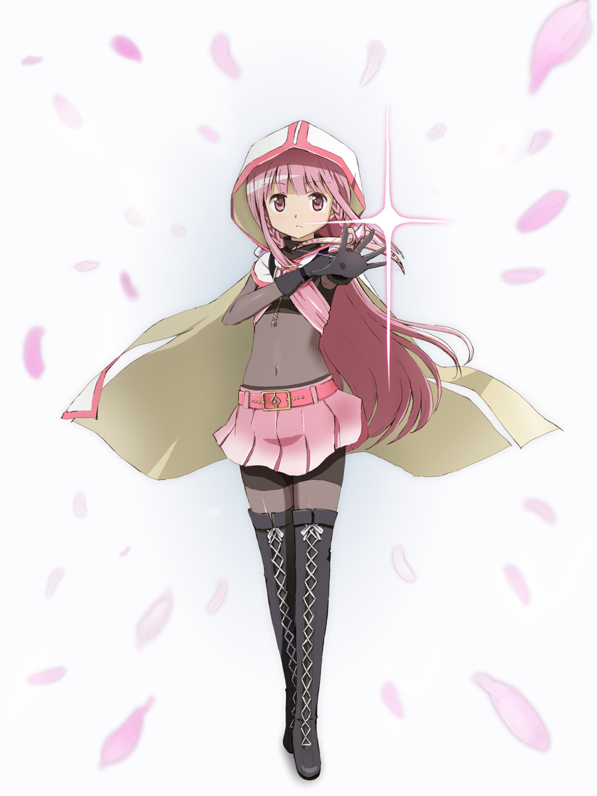 ballista black_footwear black_legwear boots capelet cherry_blossoms cross-laced_footwear gloves highres kinfuji lace-up_boots long_hair magia_record:_mahou_shoujo_madoka_magica_gaiden magical_girl mahou_shoujo_madoka_magica navel skirt soul_gem tamaki_iroha thigh_boots thighhighs very_long_hair