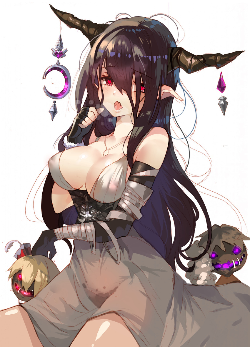 1girl aroused black_hair breasts cleavage danua doll doraf dress glowing granblue_fantasy gretel_(granblue_fantasy) hair_between_eyes hansel_(granblue_fantasy) heart-shaped_pupils heavy_breathing horn_ornament large_breasts long_hair open_mouth pointy_ears sleeveless_dress symbol-shaped_pupils wet white_dress yueqin_(monnpiano)