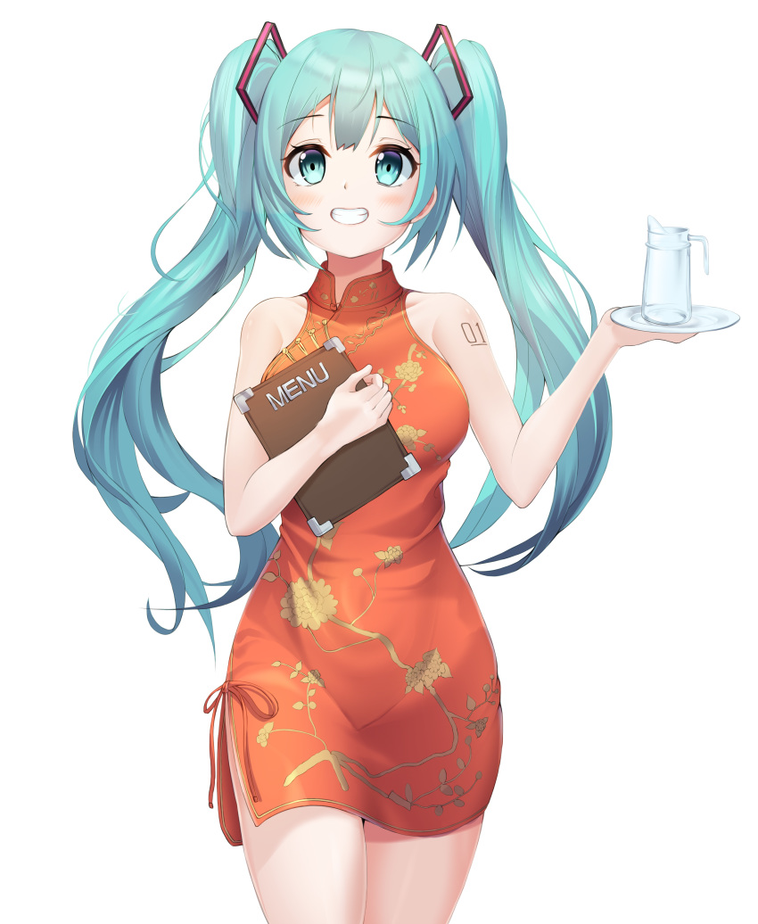 1girl absurdres aqua_eyes aqua_hair bangs bare_shoulders blush china_dress chinese_clothes dress floral_print grin hair_ornament hatsune_miku hfmt7223 highres holding holding_plate long_hair menu pitcher plate red_dress shoulder_tattoo smile solo tattoo twintails vocaloid white_background