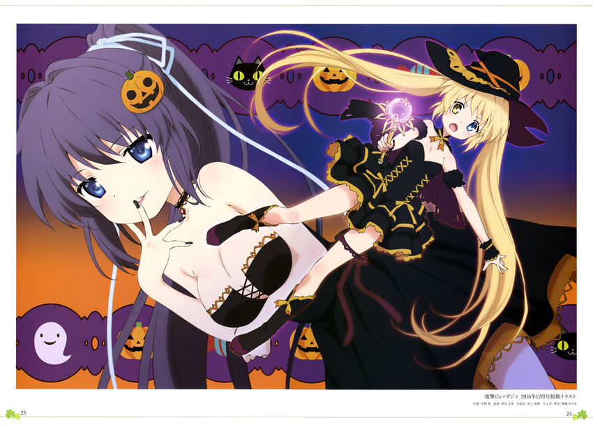 absurdres black_dress black_footwear black_hair black_hat black_nails blonde_hair blue_eyes blue_ribbon boots breasts cat choker cleavage collarbone dress finger_to_mouth floating_hair full_body hair_ribbon halloween_costume hat heterochromia high_ponytail highres holding konohana_lucia long_hair looking_at_viewer magical_girl medium_breasts multiple_girls nail_polish nakatsu_shizuru open_mouth outstretched_arm pumpkin rewrite ribbon short_dress sleeveless sleeveless_dress small_breasts smile strapless strapless_dress thigh_strap twintails very_long_hair witch_hat wrist_cuffs yano_akane yellow_eyes