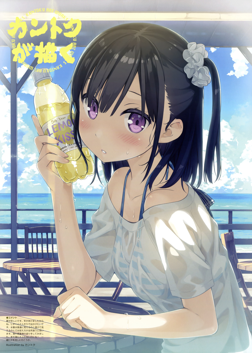 absurdres bikini bikini_under_clothes black_hair blush bottle bottle_to_cheek breasts cloud day from_side hair_ornament hair_scrunchie highres huge_filesize kantoku looking_at_viewer off-shoulder_shirt one_side_up original outdoors parted_lips scan scrunchie see-through shirt shizuku_(kantoku) small_breasts solo striped striped_bikini sweat swimsuit wet wet_clothes wet_shirt