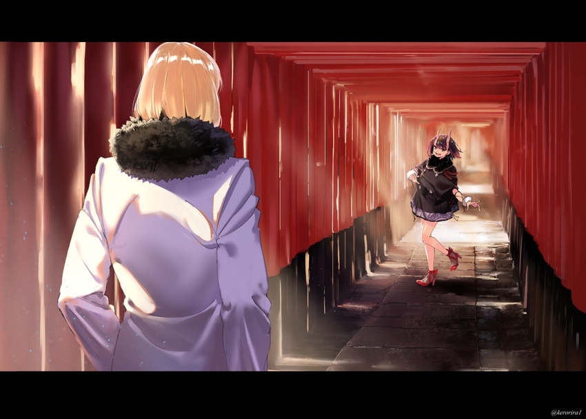 1girl alternate_costume arm_warmers bare_legs black_coat blonde_hair buttons coat fang fate/grand_order fate_(series) fur-trimmed_coat fur_trim fushimi_inari_taisha hair_ornament high_heels highres horns kerorira letterboxed long_coat looking_at_another multiple_torii oni oni_horns open_mouth outdoors purple_eyes purple_hair red_footwear sakata_kintoki_(fate/grand_order) shoes short_hair shuten_douji_(fate/grand_order) smile standing standing_on_one_leg sunlight twitter_username