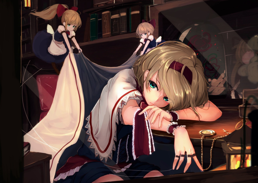 alice_margatroid aqua_eyes arm_rest blanket blonde_hair blue_skirt book bookshelf bow capelet closed_mouth expressionless hair_bow hairband head_rest highres homo_1121 indoors lantern pocket_watch puffy_short_sleeves puffy_sleeves puppet_rings puppet_strings red_bow shanghai_doll short_sleeves sitting skirt solo touhou watch wrist_cuffs