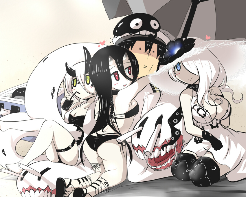 3girls :x admiral_(kantai_collection) armor armored_boots ass asymmetrical_horns bangs battleship_hime battleship_summer_hime beach beach_towel beach_umbrella bikini bikini_bottom bikini_top black black_hair blue_eyes boots breasts cleavage_cutout collar commentary_request cup dress drinking drinking_straw epaulettes goma_(gomasamune) green_eyes hair_between_eyes hair_over_one_eye hat heart heavy_cruiser_hime heavy_cruiser_summer_hime hetero i-class_destroyer ice_box innertube jitome kantai_collection kuchiku_i-kyuu large_breasts long_hair military military_hat military_uniform multiple_girls oni_horns open_mouth peaked_cap red_eyes revision saliva seaport_summer_hime seiza shinkaisei-kan short_hair sitting sitting_on_head sitting_on_person sleeveless sleeveless_dress smile sun_hat swimsuit tail thigh_boots thigh_strap thighhighs towel umbrella uniform vest white_hair ||_||