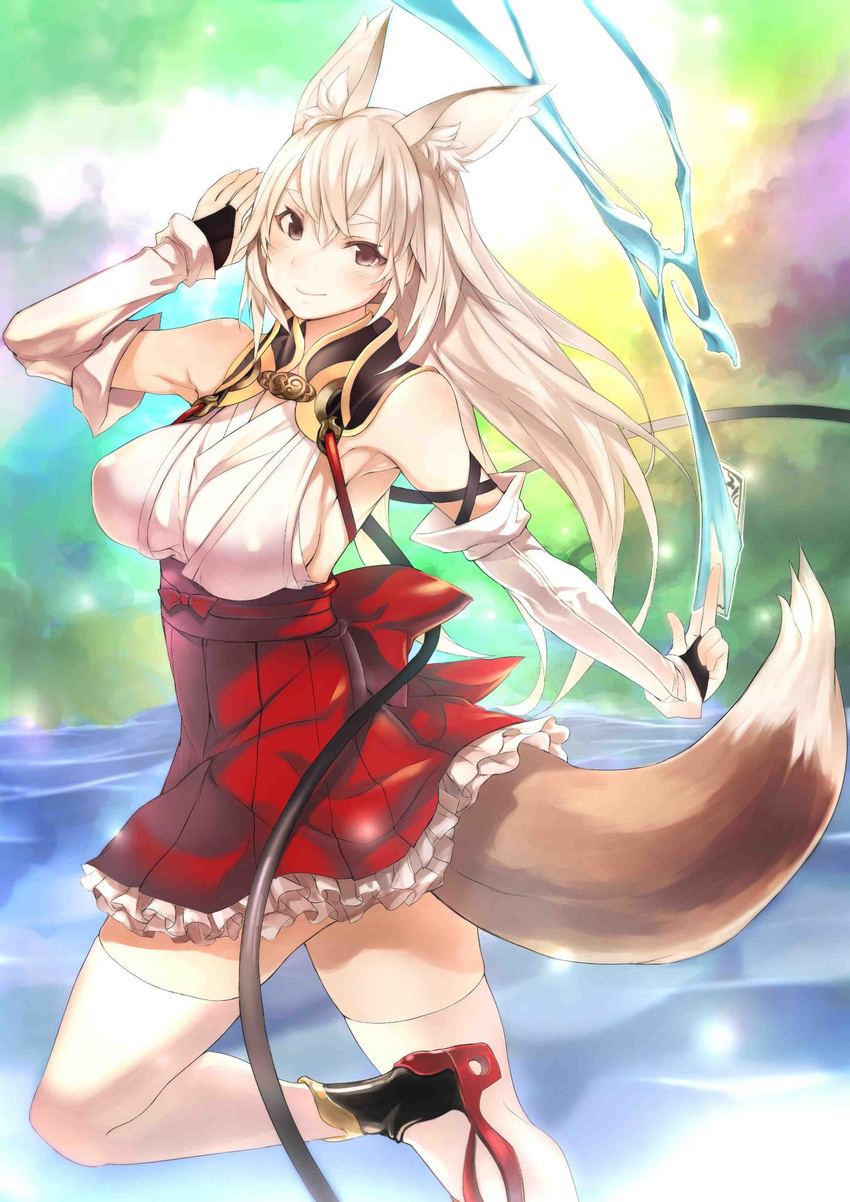 bare_shoulders breasts bridal_gauntlets brown_eyes colorized commentary_request covered_nipples elbow_gloves fox_tail gloves highres huge_breasts long_hair ofuda original ricci sketch smile solo tail thighhighs white_hair white_legwear