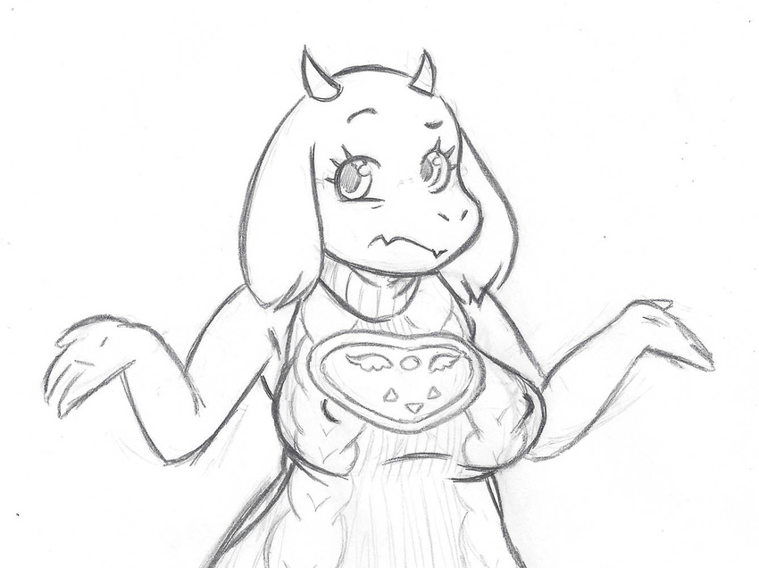 anthro big_breasts breasts caprine clothed clothing epilepticgerbil female fur goat horn long_ears looking_at_viewer mammal monochrome monster nipple_bulge shrug simple_background sketch solo sweater toriel undertale video_games virgin_killer_sweater white_background