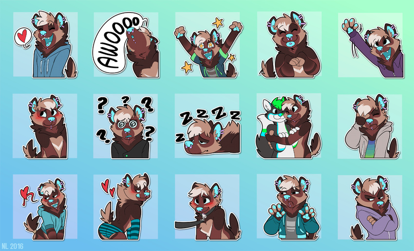 &lt;3 2016 4_fingers ? anthro armwear bent_over black_eyes black_fur black_tail blue_background blue_clothing blue_fur blue_nose blue_tongue blue_topwear blush briefs brown_fur brown_hair brown_tail canine clothed clothing collar confusion crossed_arms digital_media_(artwork) duo ear_piercing elbow_gloves eyebrows eyes_closed facepalm facial_piercing fangs fingerless_(marking) frown fur gloves green_fur green_hair green_tail grey_clothing grey_shirt grey_topwear hair half-closed_eyes happy hoodie howl hug inner_ear_fluff kilowolff leash lip_piercing lying male mammal multicolored_fur multicolored_hair multicolored_tail nose_piercing nose_ring nowandlater nude on_front one_eye_closed open_mouth pictographics piercing purple_clothing purple_topwear septum_piercing shirt short_hair short_tail shy signature simple_background small_tail smile smirk solo_focus speech_bubble spiral_eyes standing star star_eyes tailwag tan_fur tan_tail teeth tired tongue tongue_out tongue_piercing two_tone_hair two_tone_tail underwear waving white_fur white_hair white_tail wolf