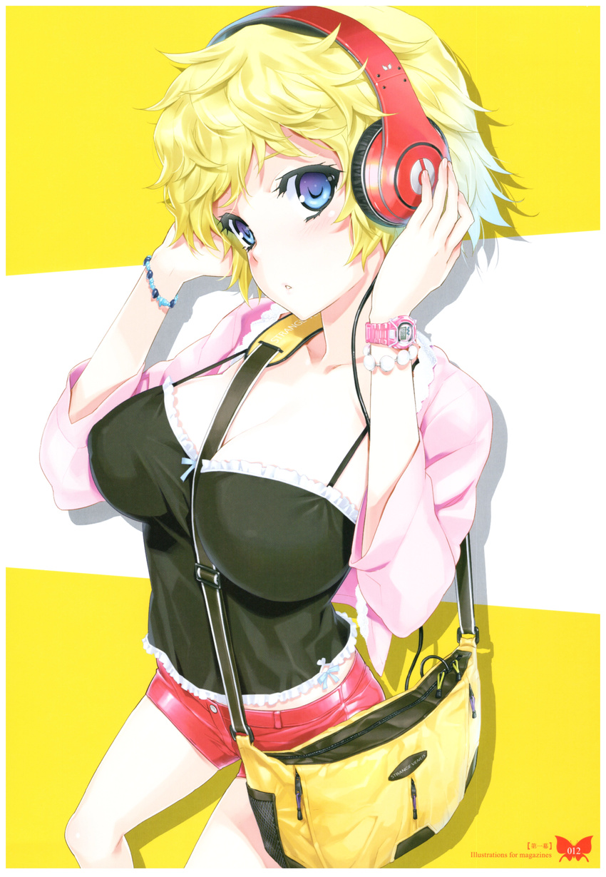 :o absurdres bag beads beats_by_dr._dre between_breasts blonde_hair blue_eyes blush breasts cable collarbone cowboy_shot halterneck handbag hands_on_headphones happoubi_jin headphones highres jacket jewelry large_breasts navel necklace original over_shoulder parted_lips pearl_necklace scan short_hair short_shorts shorts shoulder_bag solo spaghetti_strap standing strap_cleavage watch wristwatch zipper