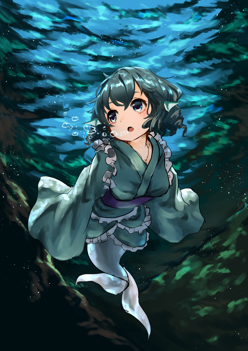 absurdres air_bubble blue_eyes blue_hair bubble diving head_fins highres japanese_clothes kimono long_sleeves looking_away mermaid monster_girl open_mouth pyonsuke_(pyon2_mfg) short_hair solo submerged touhou underwater wakasagihime water wide_sleeves