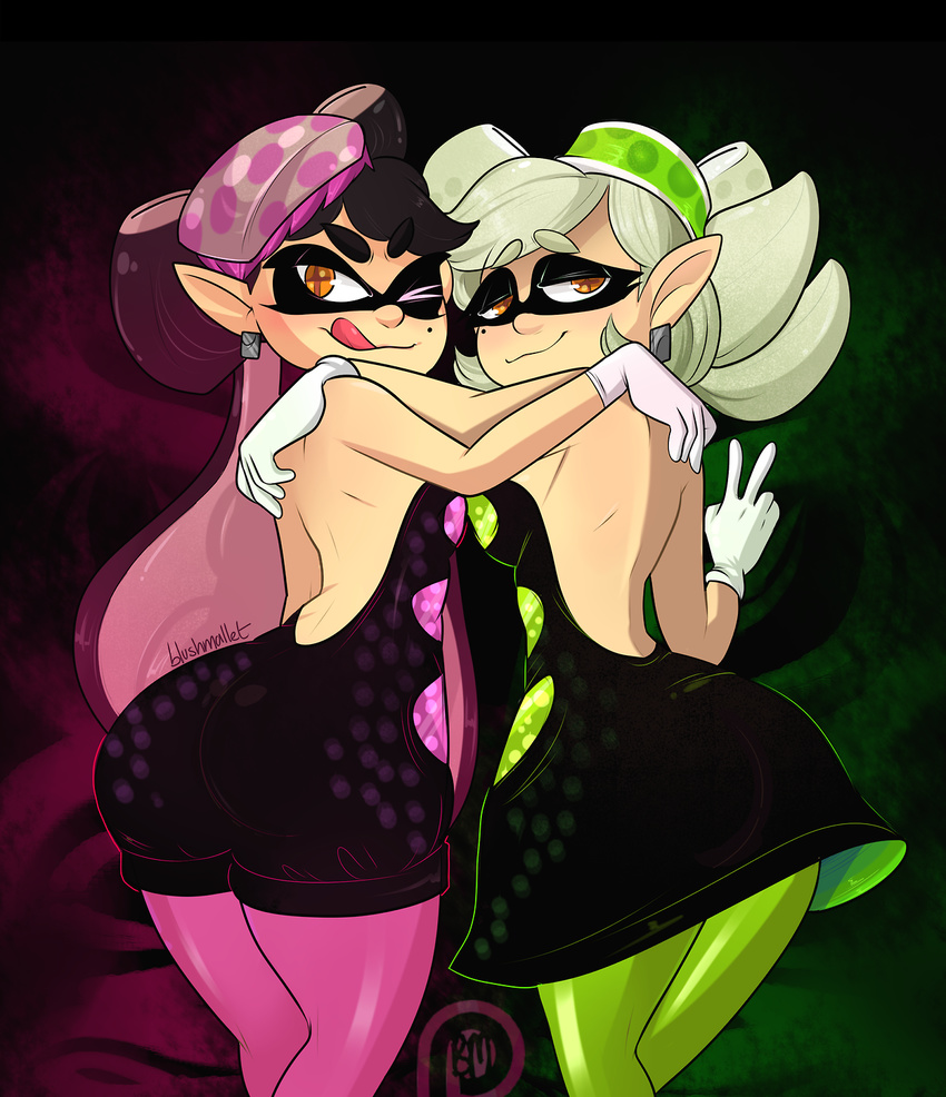 2017 anthro beauty_mark blushmallet breasts butt callie_(splatoon) cephalopod clothing digital_media_(artwork) ear_piercing exposed_back female gloves humanoid looking_at_viewer marie_(splatoon) marine nintendo not_furry piercing pose presenting presenting_hindquarters sibling sisters splatoon squid teasing tentacle_hair tentacles tongue tongue_out v_sign video_games wining