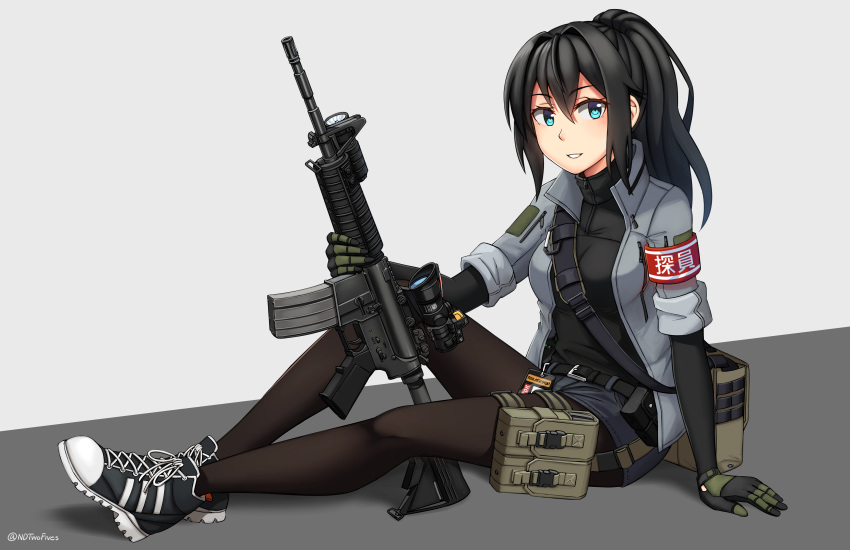 1girl acog arm_support armband assault_rifle bangs belt belt_buckle black_belt black_gloves black_gothic_dress_(idolmaster) black_hair black_shirt blue_eyes blue_shorts breasts brown_legwear buckle chinese_commentary commentary_request elbow_gloves eyebrows_visible_through_hair gloves grey_background grey_jacket gun hair_between_eyes high_ponytail highres holding holding_gun holding_weapon jacket long_hair m4_carbine ndtwofives open_clothes open_jacket original pantyhose parted_lips ponytail rifle shirt shoes short_shorts short_sleeves shorts sidelocks sitting small_breasts solo suzuya_tang translation_request twitter_username weapon