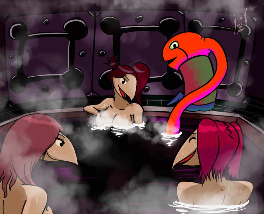 auretheaudio avian big_breasts breasts cleavage clothed clothing eyes_closed female group hair hot_spring humanoid nude open_mouth red_hair smile toriningen water wet yume_nikki