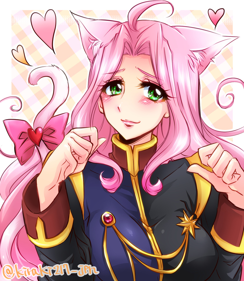 animal_ears blush bow cat_ears cat_tail cross_ange ersha_(cross_ange) green_eyes heart highres kiraki lips long_hair paw_pose pink_hair solo tail tail_bow twitter_username uniform