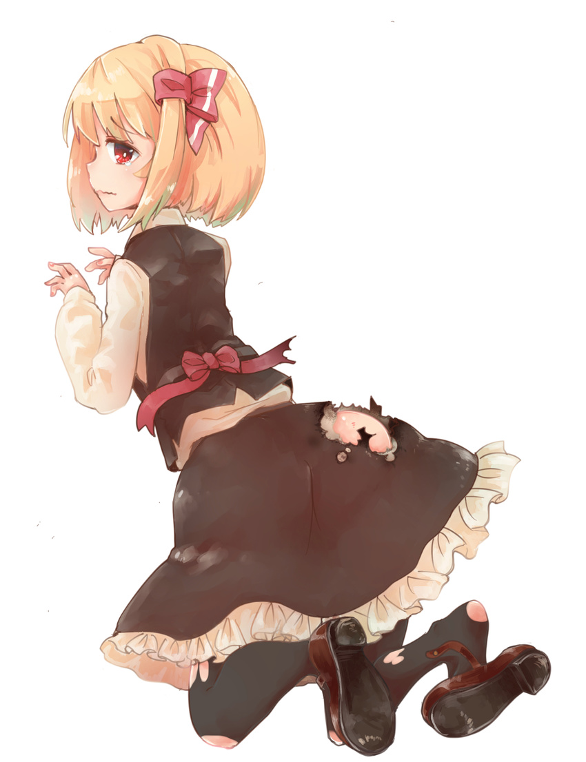 black_legwear blonde_hair burnt_clothes from_behind full_body hair_ribbon highres kneeling long_sleeves looking_back mary_janes murani pantyhose profile red_eyes ribbon rumia shirt shoe_dangle shoes short_hair simple_background skirt skirt_set solo tears torn_clothes torn_legwear torn_skirt touhou vest white_background