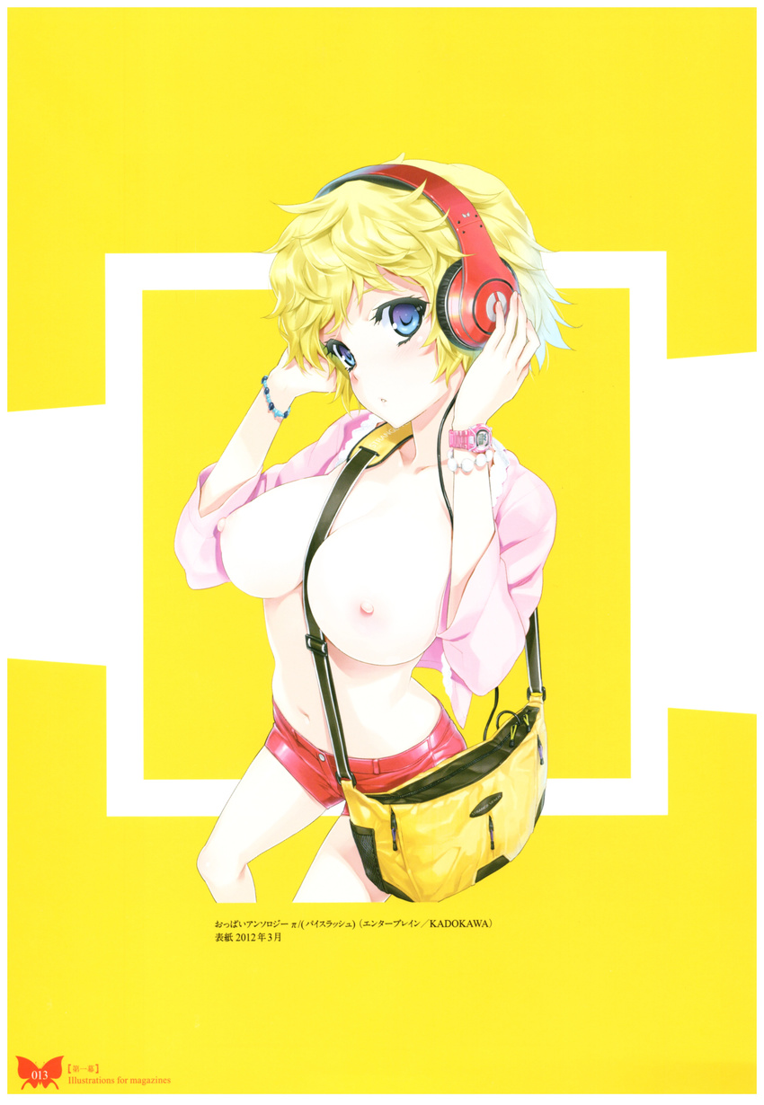 absurdres bag beads beats_by_dr._dre between_breasts blonde_hair blue_eyes blush breasts hands_on_headphones happoubi_jin headphones highres jacket large_breasts navel nipples parted_lips scan short_hair short_shorts shorts shoulder_bag solo watch wristwatch