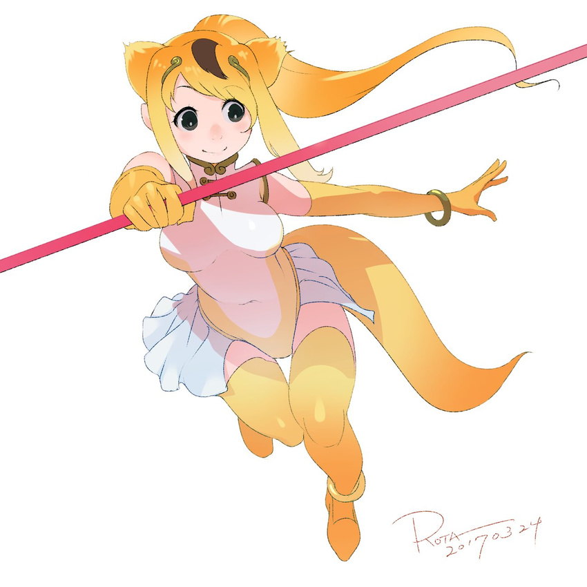 animal_ears anklet artist_name bare_shoulders baton black_eyes blonde_hair bracelet breasts brown_hair circlet commentary covered_navel dated elbow_gloves eyebrows_visible_through_hair eyelashes full_body gloves golden_snub-nosed_monkey_(kemono_friends) gradient_hair hair_ornament high_ponytail highres holding holding_staff jewelry jpeg_artifacts jumping kemono_friends large_breasts leotard long_hair looking_to_the_side monkey_ears monkey_tail multicolored_hair nostrils orange_gloves orange_hair outstretched_arm perspective ponytail rota_(bitmap1022) sidelocks signature simple_background skirt smile solo staff tail tareme thighhighs turtleneck weapon white_background white_leotard white_skirt yellow_legwear yellow_leotard